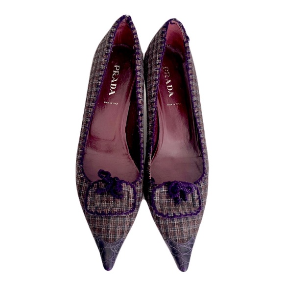 Prada Brown Tweed Purple Croc Embossed Kitten Heels, Size 41 - Picture 3 of 9